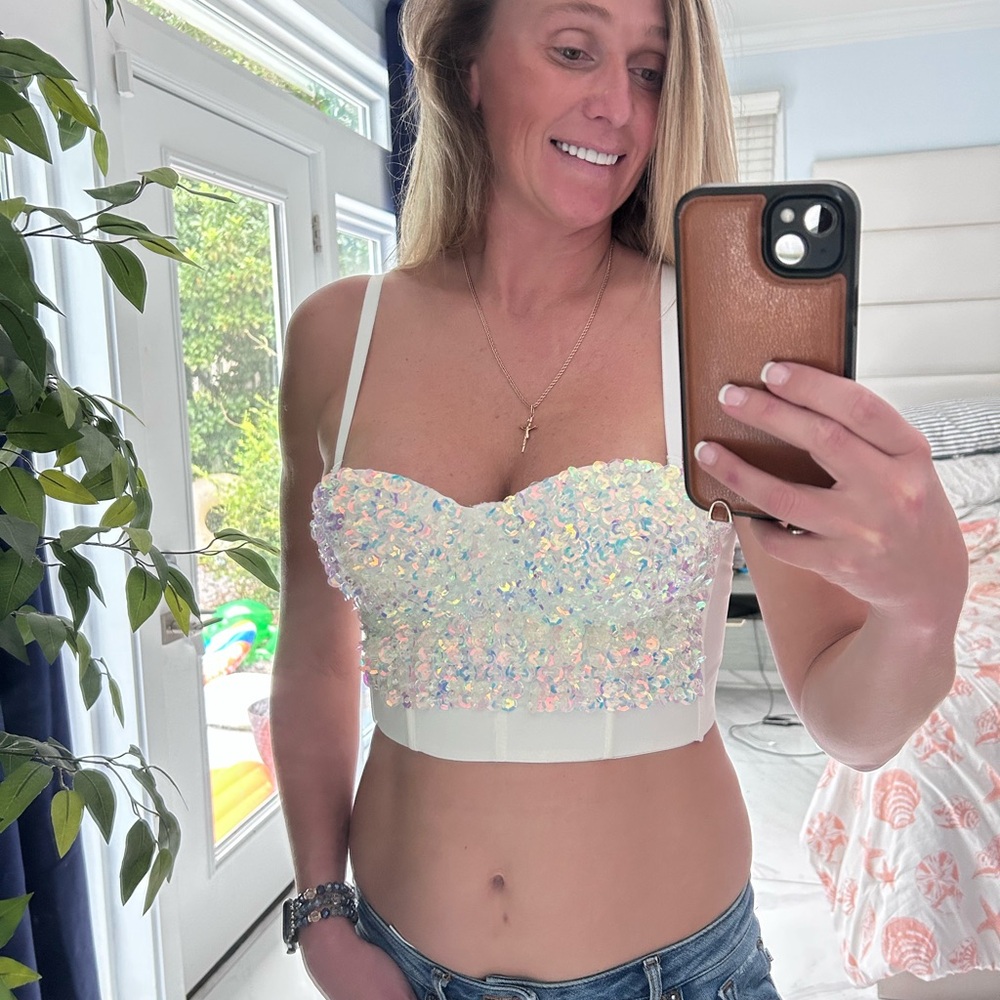 Sequin Embellished White Crop Top